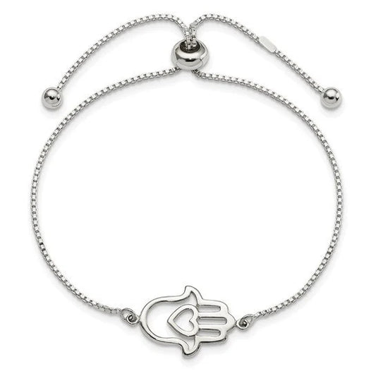 925 Sterling Silver Adjustable Heart Hamsa Evil Eye Chain Polished Dainty Bolo Bracelet