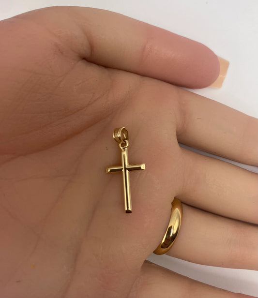 14k Yellow Gold Small Beveled Cross Round Tips for a Chain .75" Long x .4" Width. Classic Religious Minimalist Jewelry everyday use gift