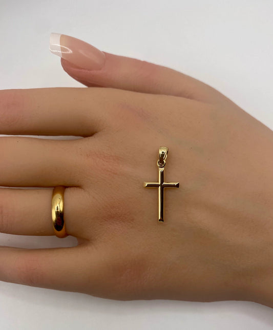 14k Yellow Gold Small Beveled Cross Round Tips for a Chain .75" Long x .4" Width. Classic Religious Minimalist Jewelry everyday use gift