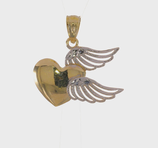 14K Gold and White Rhodium Polished Heart with Wings Pendant