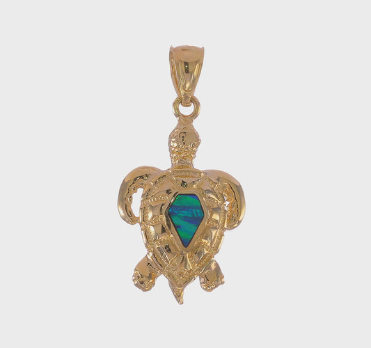 14k Gold Polished Lab Created Blue Opal Turtle Pendant