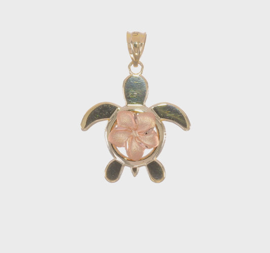 14k Two-tone Diamond-cut Rose Plumeria Turtle Pendant