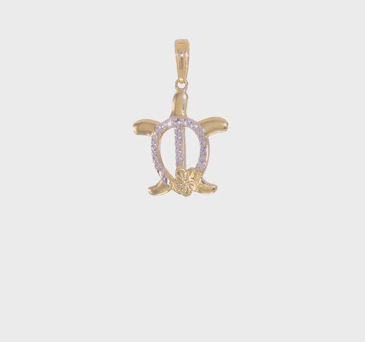 14k Gold and White Rhodium Diamond-cut Turtle with Flower Pendant