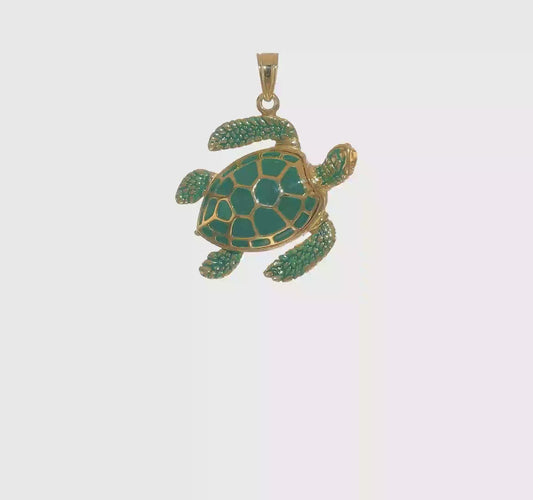 14K Gold 3-D Green Enamel Large Sea Turtle Charm