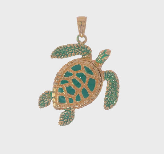 14k Gold 3-D Green Enameled Sea Turtle Pendant