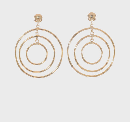 14K Solid Yellow Gold Round Fancy Circles Post Dangle Earrings