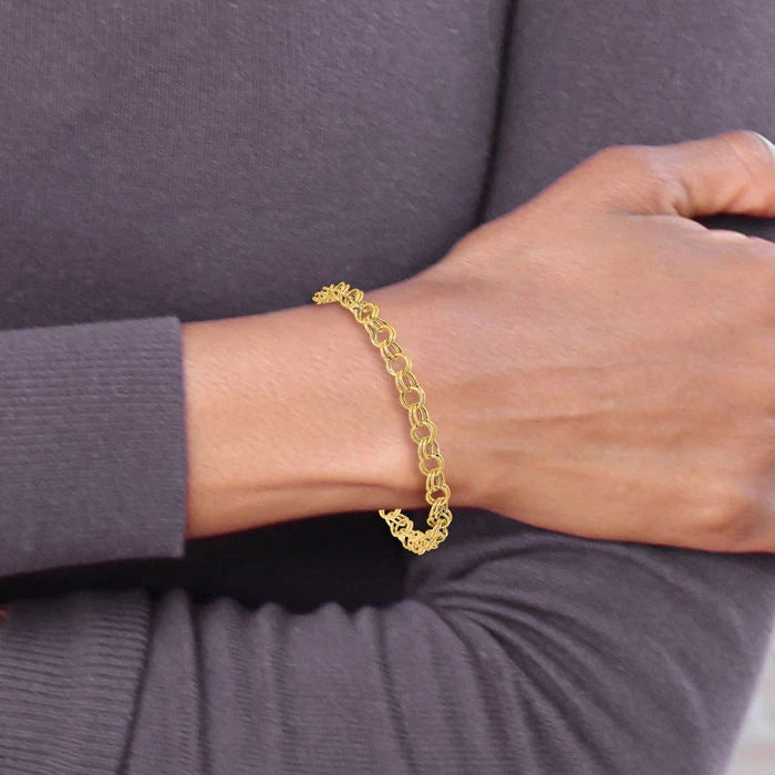 10K Solid Yellow Gold Double Link Charm Bracelet 4mm wide Lobster Claw