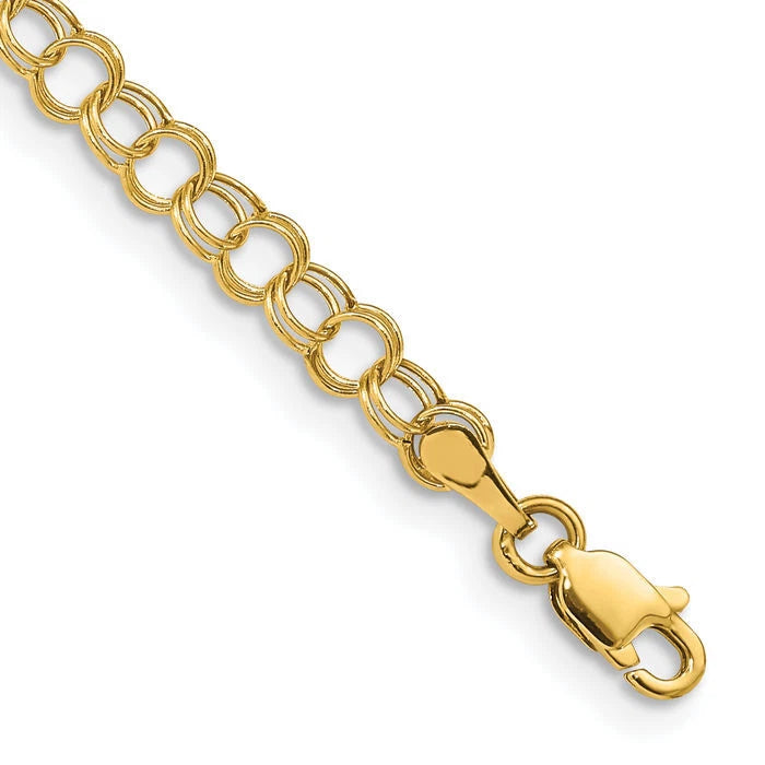10K Solid Yellow Gold Double Link Charm Bracelet 4mm wide Lobster Claw