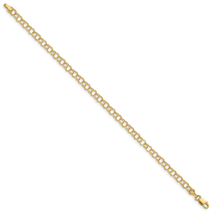 10K Solid Yellow Gold Double Link Charm Bracelet 4mm wide Lobster Claw