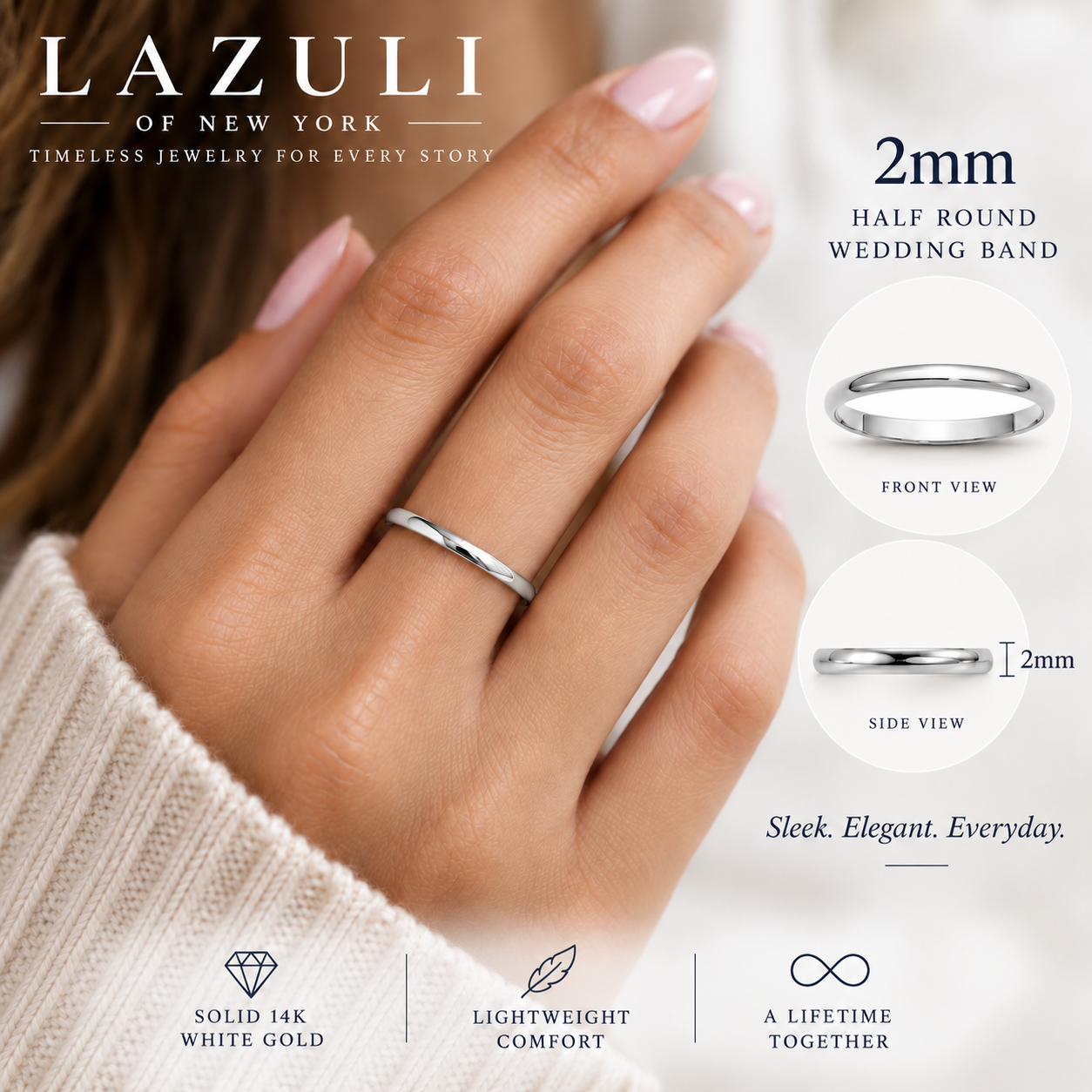 14K Solid White Gold Wedding Band – Classic Men's & Women's Ring, 2mm–5mm
