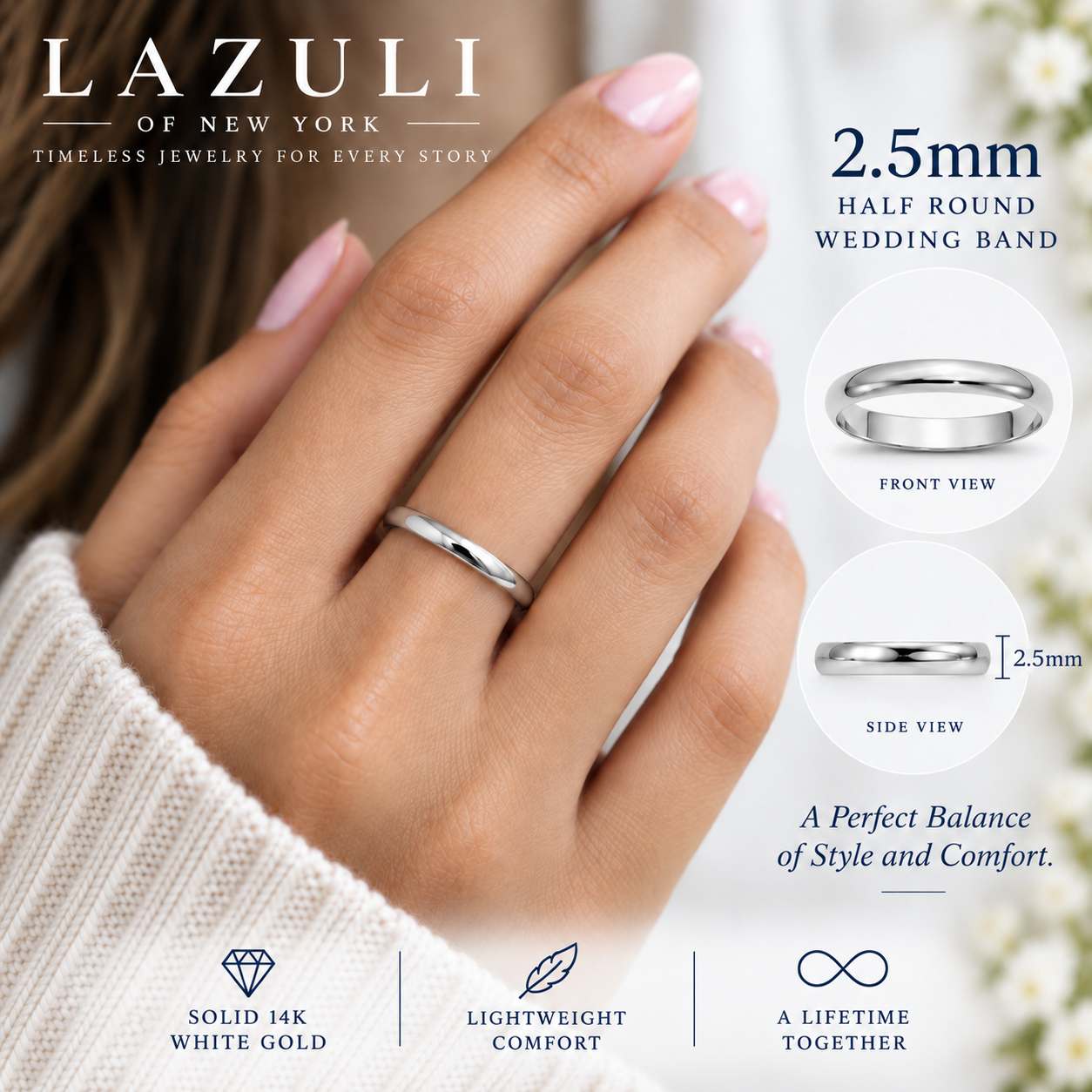 14K Solid White Gold Wedding Band – Classic Men's & Women's Ring, 2mm–5mm