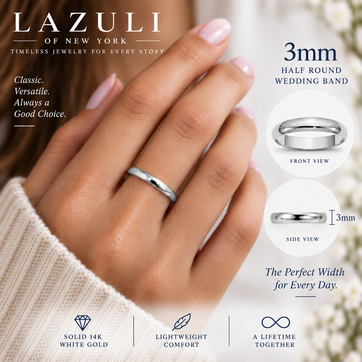 14K Solid White Gold Wedding Band – Classic Men's & Women's Ring, 2mm–5mm