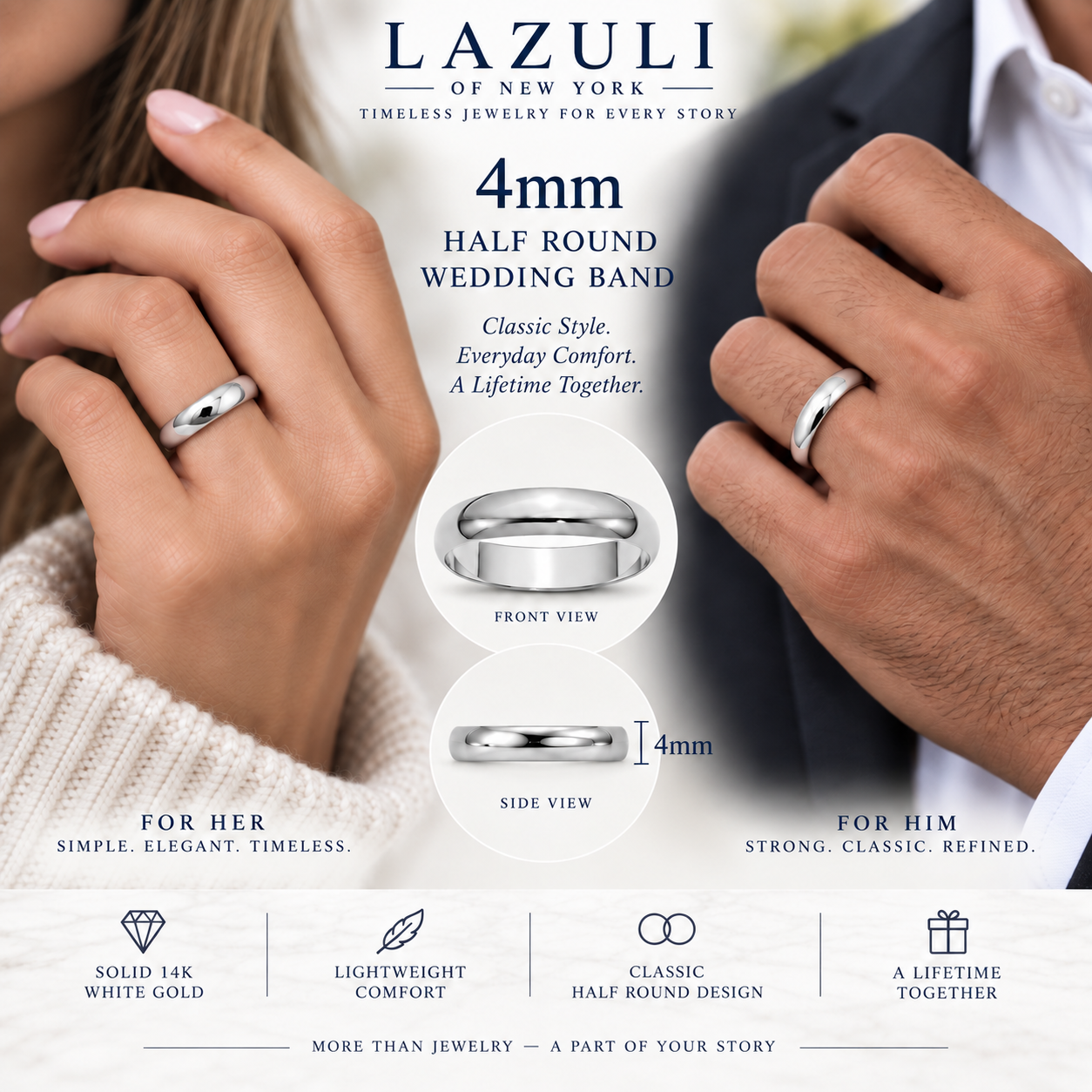 14K Solid White Gold Wedding Band – Classic Men's & Women's Ring, 2mm–5mm