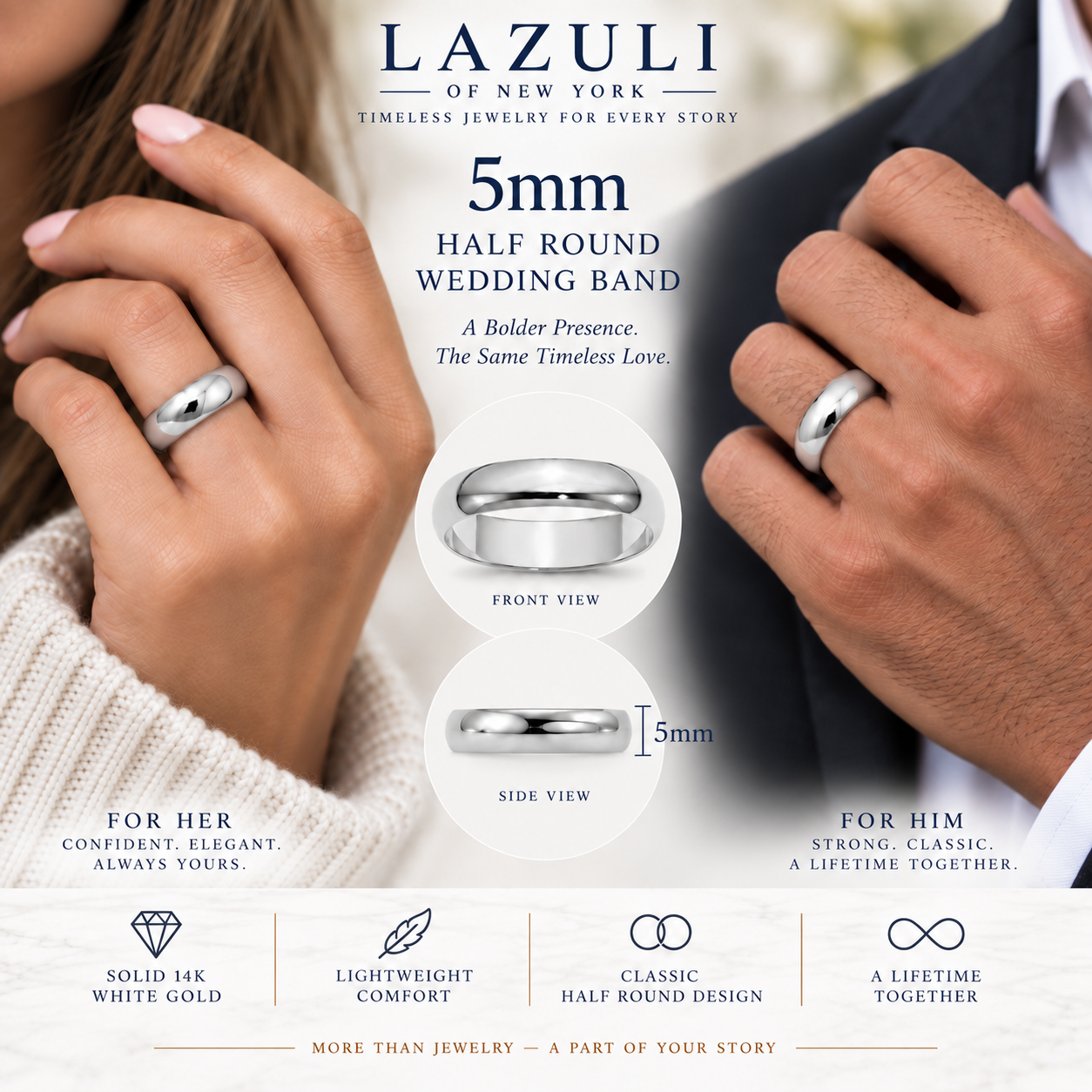 14K Solid White Gold Wedding Band – Classic Men's & Women's Ring, 2mm–5mm