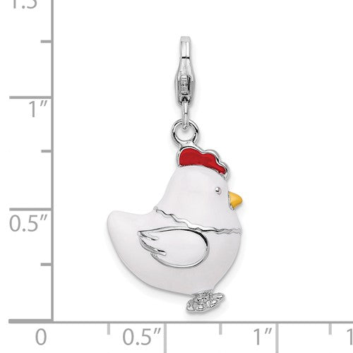 Amore La Vita Sterling Silver Rhodium-plated Polished 3-D Enameled Chicken Charm with Fancy Lobster Clasp
