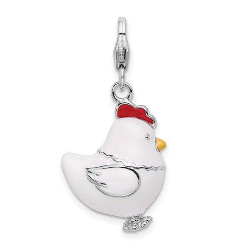 Amore La Vita Sterling Silver Rhodium-plated Polished 3-D Enameled Chicken Charm with Fancy Lobster Clasp