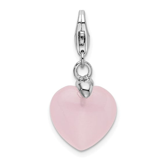 Amore La Vita Sterling Silver Rhodium-plated Polished 3-D Rose Quartz Heart Charm with Fancy Lobster Clasp
