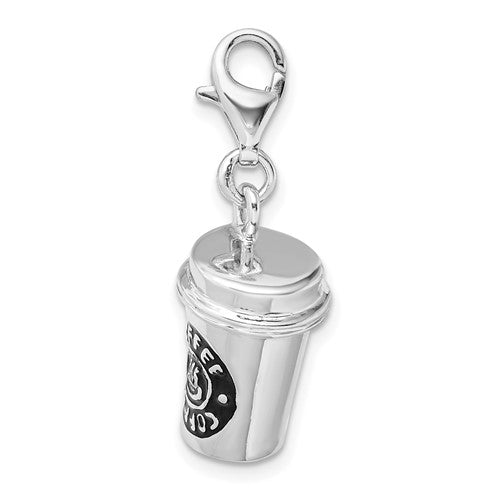 Amore La Vita Sterling Silver Rhodium-plated Polished 3-D Enameled To Go Coffee Cup Charm with Fancy Lobster Clasp