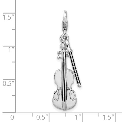 Amore La Vita Sterling Silver Rhodium-plated Polished 3-D Violin with Antiqued Bow Charm with Fancy Lobster Clasp