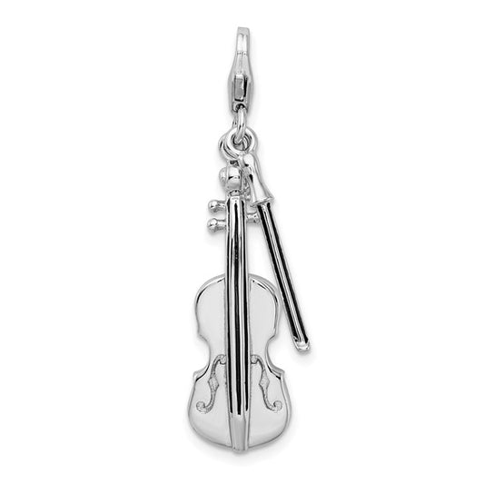 Amore La Vita Sterling Silver Rhodium-plated Polished 3-D Violin with Antiqued Bow Charm with Fancy Lobster Clasp