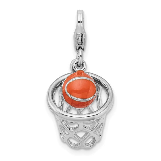 Amore La Vita Sterling Silver Rhodium-plated Polished 3-D Moveable Enameled Basketball in Net Charm with Fancy Lobster Clasp