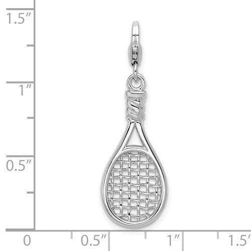 Amore La Vita Sterling Silver Rhodium-plated Polished 3-D Polished Tennis Racquet Charm with Fancy Lobster Clasp