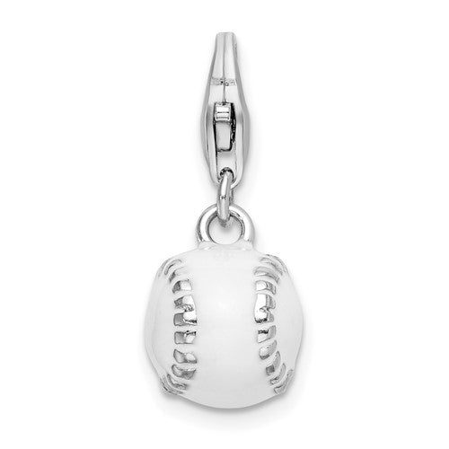 Amore La Vita Sterling Silver Rhodium-plated Polished 3-D Polished and Enameled Baseball Charm with Fancy Lobster Clasp