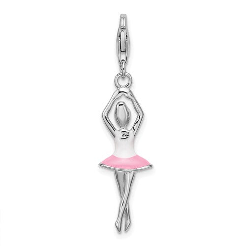 Amore La Vita Sterling Silver Rhodium-plated Polished 3-D Enameled Ballerina Charm with Fancy Lobster Clasp
