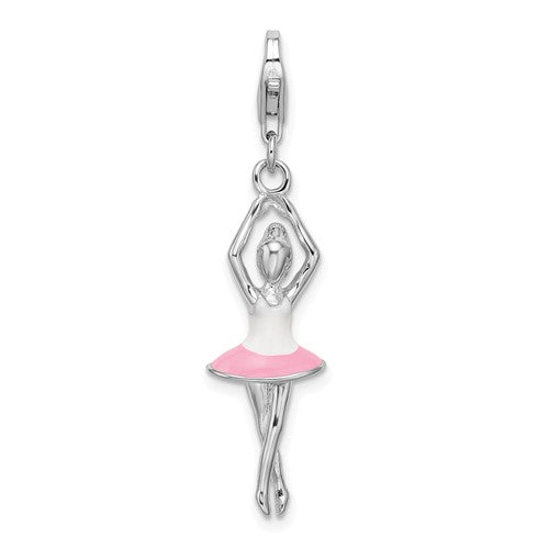 Amore La Vita Sterling Silver Rhodium-plated Polished 3-D Enameled Ballerina Charm with Fancy Lobster Clasp