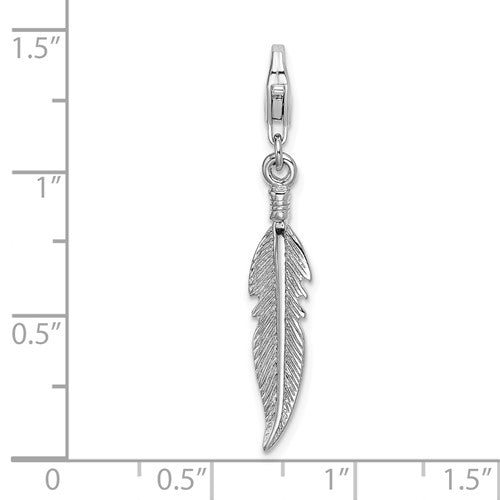 Amore La Vita Sterling Silver Rhodium-plated Polished 3-D Feather Charm with Fancy Lobster Clasp