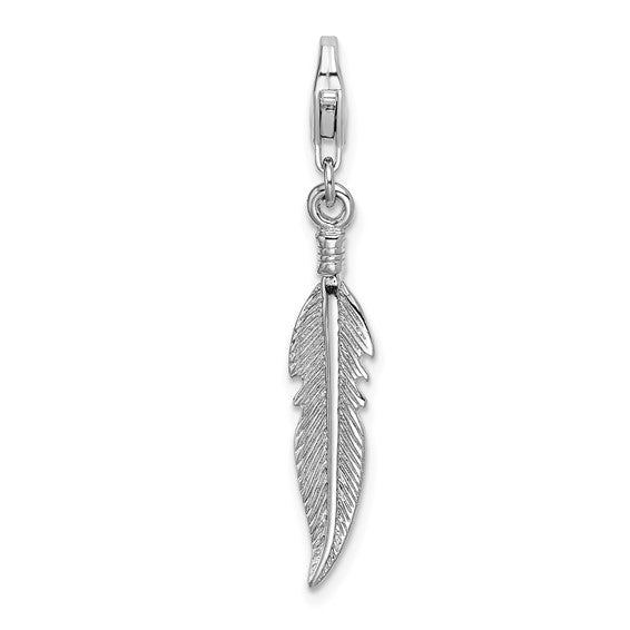 Amore La Vita Sterling Silver Rhodium-plated Polished 3-D Feather Charm with Fancy Lobster Clasp