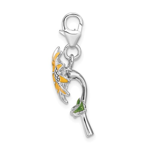 Amore La Vita Sterling Silver Rhodium-plated Polished 3-D Enameled Sunflower Charm with Fancy Lobster Clasp