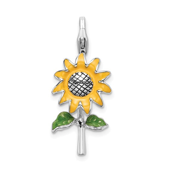Amore La Vita Sterling Silver Rhodium-plated Polished 3-D Enameled Sunflower Charm with Fancy Lobster Clasp