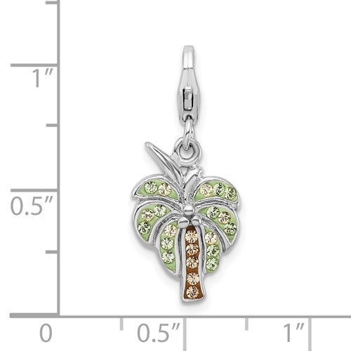 Amore La Vita Sterling Silver Rhodium-plated Polished Crystal  Palm Tree Charm with Fancy Lobster Clasp