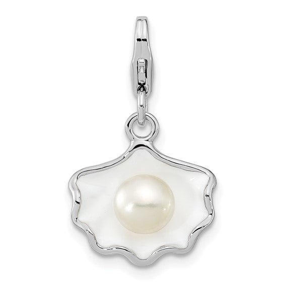 Amore La Vita Sterling Silver Rhodium-plated Polished 3-D Enameled Shell with a Freshwater Cultured Pearl Charm with Fancy Lobster Clasp