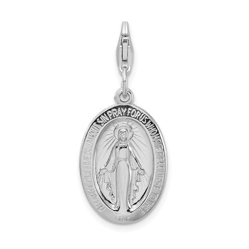 Amore La Vita Sterling Silver Rhodium-plated Polished Miraculous Medal Charm with Fancy Lobster Clasp