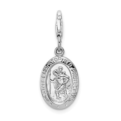 Amore La Vita Sterling Silver Rhodium-plated Polished Saint Christopher Medal Charm with Fancy Lobster Clasp