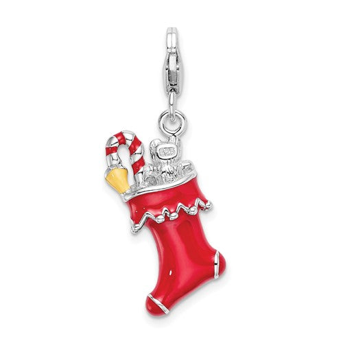 Amore La Vita Sterling Silver Rhodium-plated Polished 3-D Red Enameled Holiday Stocking Charm with Fancy Lobster Clasp