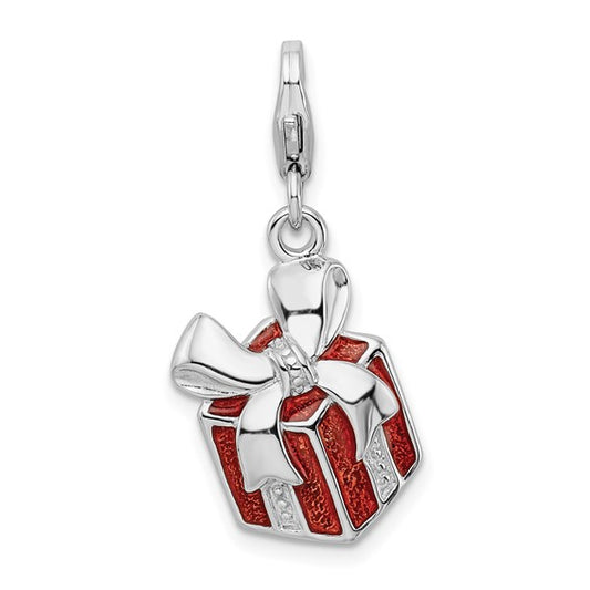 Amore La Vita Sterling Silver Rhodium-plated Polished Red Enameled Present Charm with Fancy Lobster Clasp