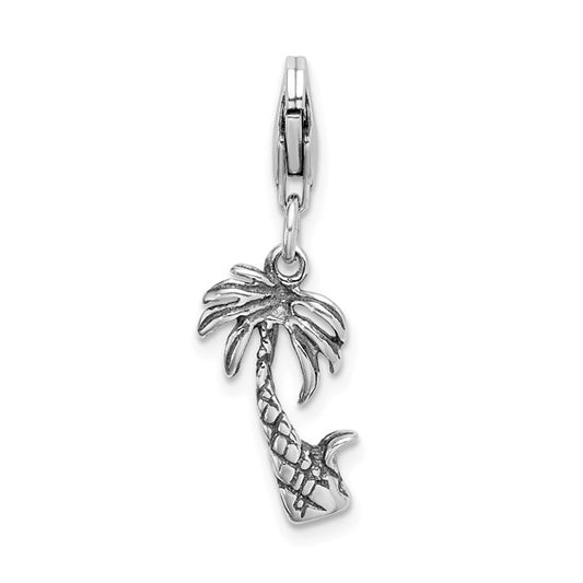 Amore La Vita Sterling Silver Rhodium-plated Polished 3-D Antiqued Palm Tree Charm with Fancy Lobster Clasp
