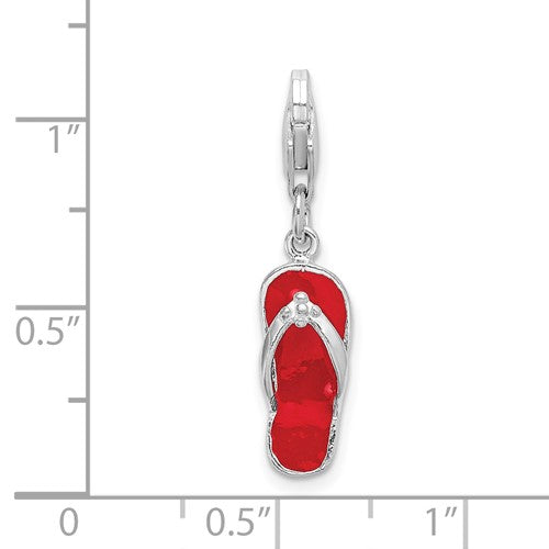 Amore La Vita Sterling Silver Rhodium-plated Polished 3-D Red Enameled Sandal Charm with Fancy Lobster Clasp