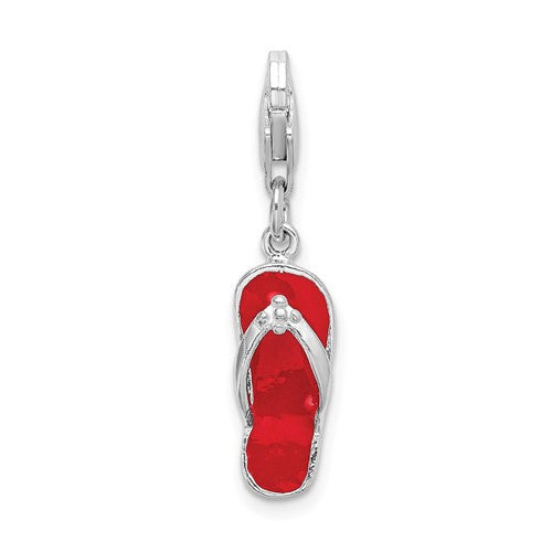 Amore La Vita Sterling Silver Rhodium-plated Polished 3-D Red Enameled Sandal Charm with Fancy Lobster Clasp