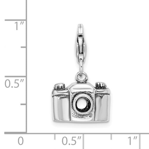 Amore La Vita Sterling Silver Rhodium-plated Polished 3-D Antiqued Camera Charm with Fancy Lobster Clasp