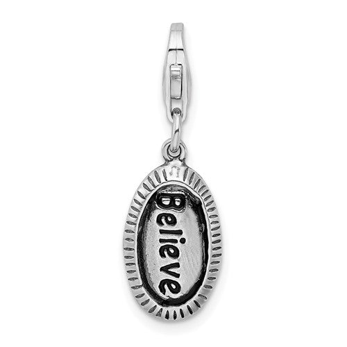 Amore La Vita Sterling Silver Rhodium-plated Polished Antiqued BELIEVE Charm with Fancy Lobster Clasp
