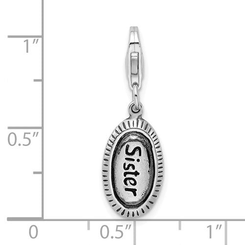 Amore La Vita Sterling Silver Rhodium-plated Polished Antiqued SISTER Charm with Fancy Lobster Clasp