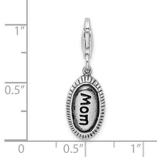 Amore La Vita Sterling Silver Rhodium-plated Polished Antiqued MOM Charm with Fancy Lobster Clasp