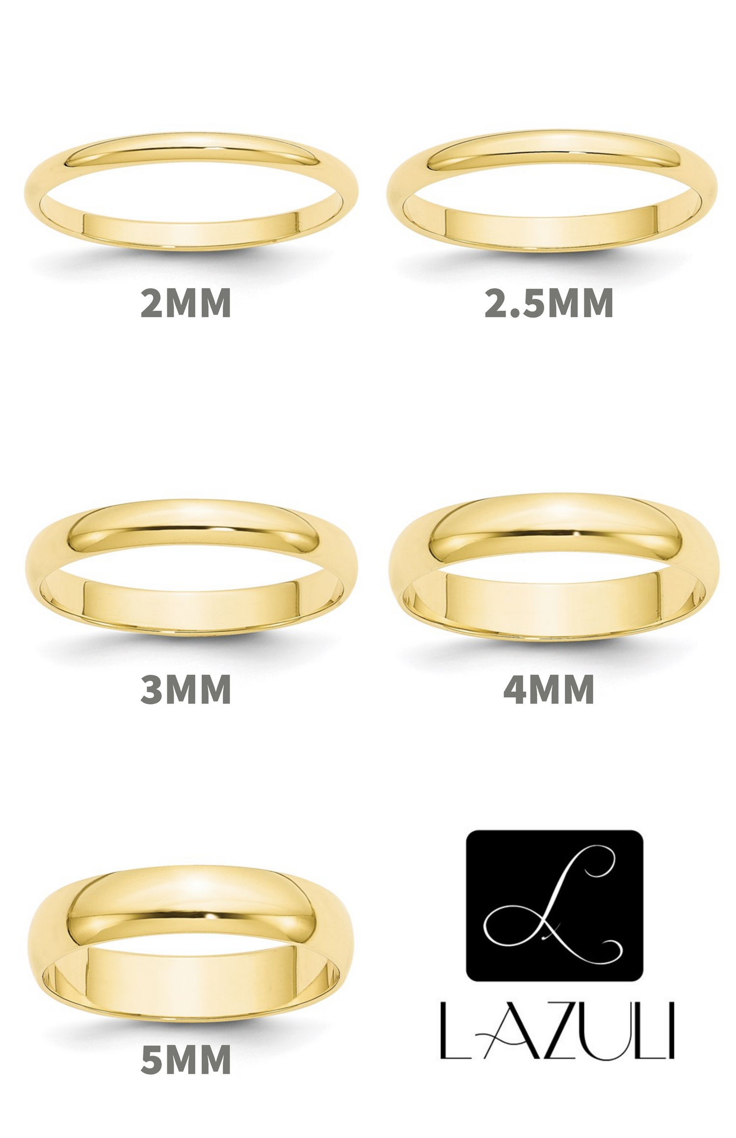 10K Solid Yellow Gold Wedding Band - 2mm To 8mm Half Round Ring For Men & Women
