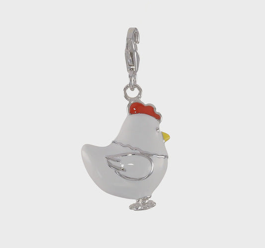 Amore La Vita Sterling Silver Rhodium-plated Polished 3-D Enameled Chicken Charm with Fancy Lobster Clasp