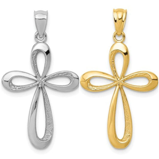 14k Solid Yellow or White Gold Plain Polished Latin Ribbon Cross for a Chain or Necklace 1.1" Long x .66" Width. Classic Religious Jewelry - Lazuli