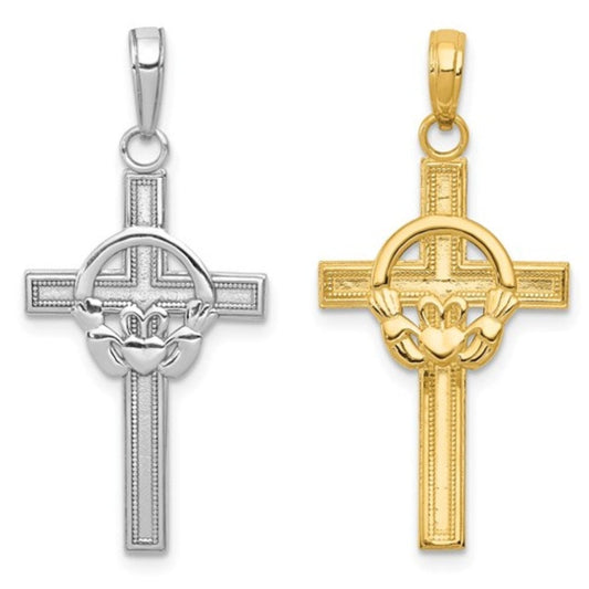 14k Solid Yellow or White Gold Celtic Claddagh Cross Charm Pendant 1.25" Long x .60" Width. Classic Religious Irish Jewelry